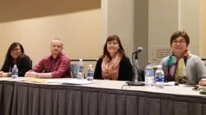 Panelists at “A Social Worker Walks into a Library,” a preconference of the Public Library Association Conference in Philadelphia on March 20 (from left): Leah Esguerra, Patrick Lloyd, Elissa Hardy, and Jean Badalamenti.