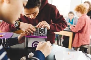 Students assemble the Ultimate Shootout game from the littleBits Code Kit.