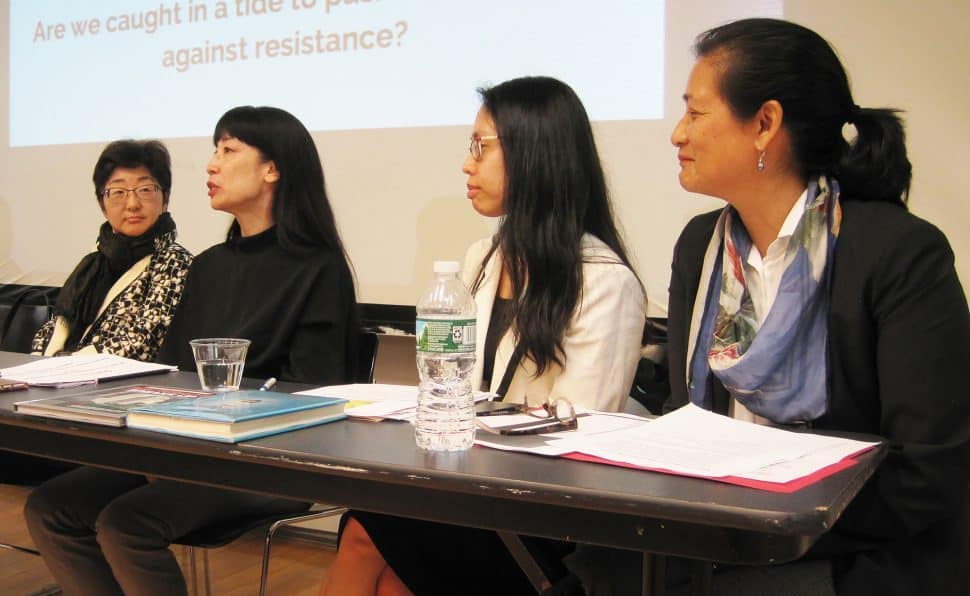 From left: Janet Clarke, associate dean of research and user engagement at Stony Brook (N.Y.) University Libraries; Arlene Yu, dance collections manager at New York Public Library (NYPL); Michelle Lee, young adult librarian at NYPL; and Miriam Tuliao, library marketing manager at Penguin Random House, at the "Supporting the Asian Pacific American Community: Librarians on Diversity, Inclusivity, and Civic Engagement" panel on May 14.Photo: Haruko Yamauchi