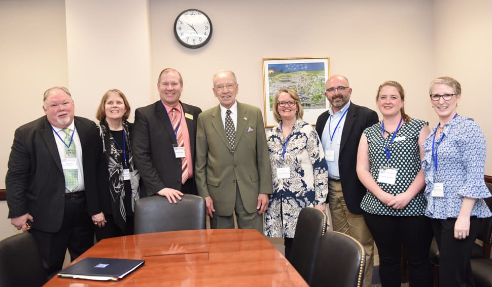 From left: Skip Dye, Corporate Committee on Library Investment and vice president of library marketing and digital sales, Penguin Random House; and the Iowa library delegation: Alison Ames Galstad, director, Coralville Public Library; State Librarian Michael Scott; Sen. Charles Grassley (R-Iowa); Nancy Medema, library program director, State Library of Iowa; Michael Wright, director, Dubuque County Library District; Annah Hackett, campus engagement and instruction librarian, Grand View University; and Rebecca Funke, director of library resources, Des Moines Area Community College.