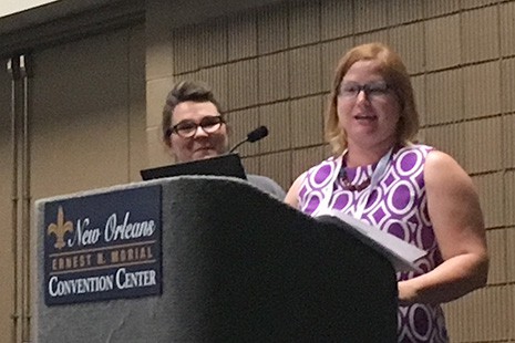 Sarah Simms and Hayley Johnson of Louisiana State University discuss their research on the Camp Livingston internment camps at "The Accidental Researcher: a Case Study in Librarian-led Historical Research and Social Justice" on June 24 at the 2018 ALA Annual Conference.