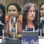 From left: panelists Jason Reynolds, Ebony Thomas, Margarita Engle, and Debbie Reese at the ALSC Charlemae Rollins President's Program at the 2018 ALA Annual Conference in New Orleans on June 25.