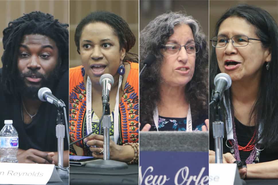 From left: panelists Jason Reynolds, Ebony Thomas, Margarita Engle, and Debbie Reese at the ALSC Charlemae Rollins President's Program at the 2018 ALA Annual Conference in New Orleans on June 25.