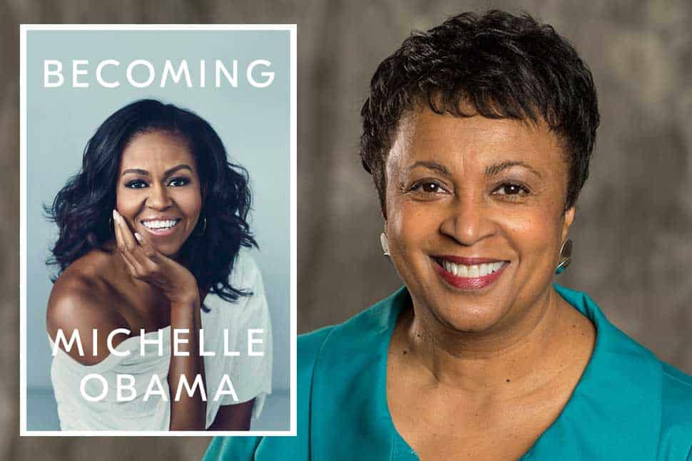 Cover of Michelle Obama's memoir Becoming (inset) and Librarian of Congress Carla Hayden