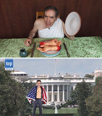 Top: Ron Charles wears a toga and poses with fake severed hands on a plate. Bottom: Charles stands in front of the White House and wears a muscle costume and American flag cape