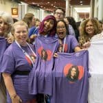 Attendees of the American Library Association's 2018 Annual Conference and Exhibition in New Orleans display matching Michelle Obama T-shirts ahead of the Opening General Session. Photos: Cognotes and Rebecca Lomax/American Libraries