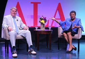 David S. Ferriero (left) in conversation with Carla Hayden.