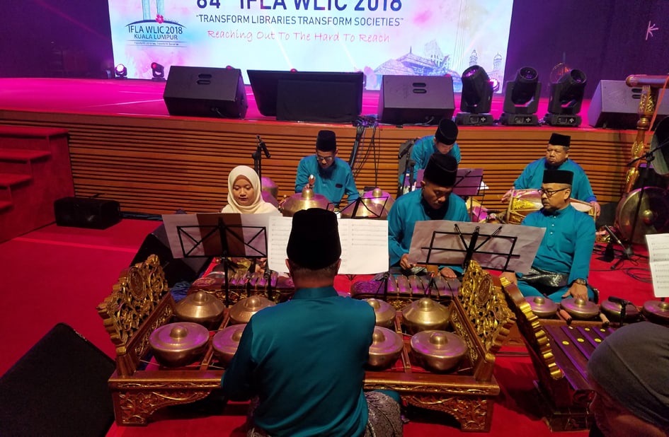 Gamelan musicians perform at the 2018 IFLA WLIC Opening Session in Kuala Lumpur, Malaysia.