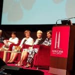 Multiple IFLA leaders take the stage in Kuala Lumpur, Malaysia. From left: Claudia Lux, IFLA Secretary General Gerald Leitner, Ellen Tise, Sinikka Sipilä, Ingrid Parent, Glòria Pérez-Salmerón, and Donna Scheeder.