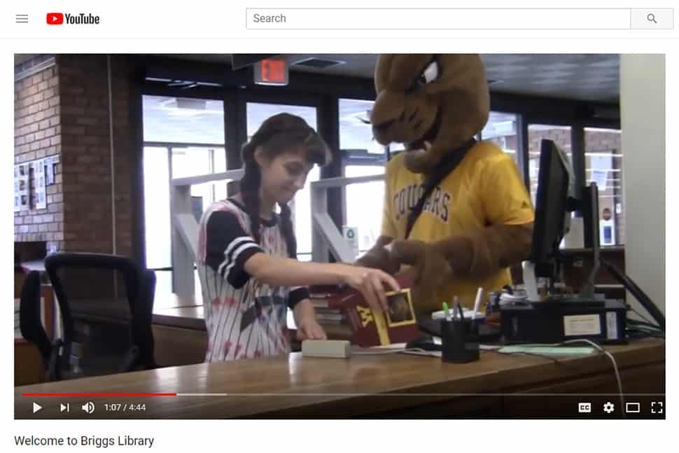 Screenshot from University of Minnesota, Morris's "Welcome to Briggs Library," featuring the school's cougar mascot, Pounce.