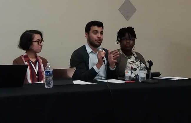 From left, Kalani Adolpho, Jesus Espinoza, and Twanna Hodge discuss academic library residency programs during the National Joint Conference of Librarians of Color in Albuquerque, New Mexico.