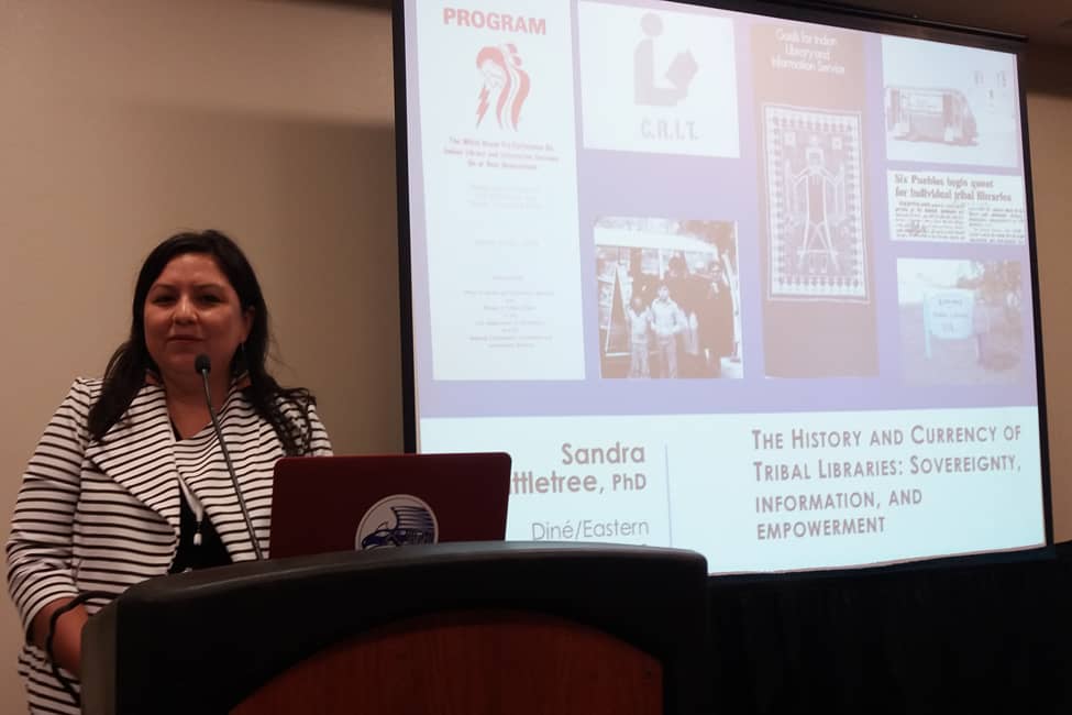 Sandy Littletree, PhD candidate at University of Washington and 2011–2012 president of the American Indian Library Association, discusses “The History and Currency of Tribal Libraries: Sovereignty, Information, and Empowerment,” a September 27 session at the third National Joint Conference of Librarians of Color in Albuquerque.