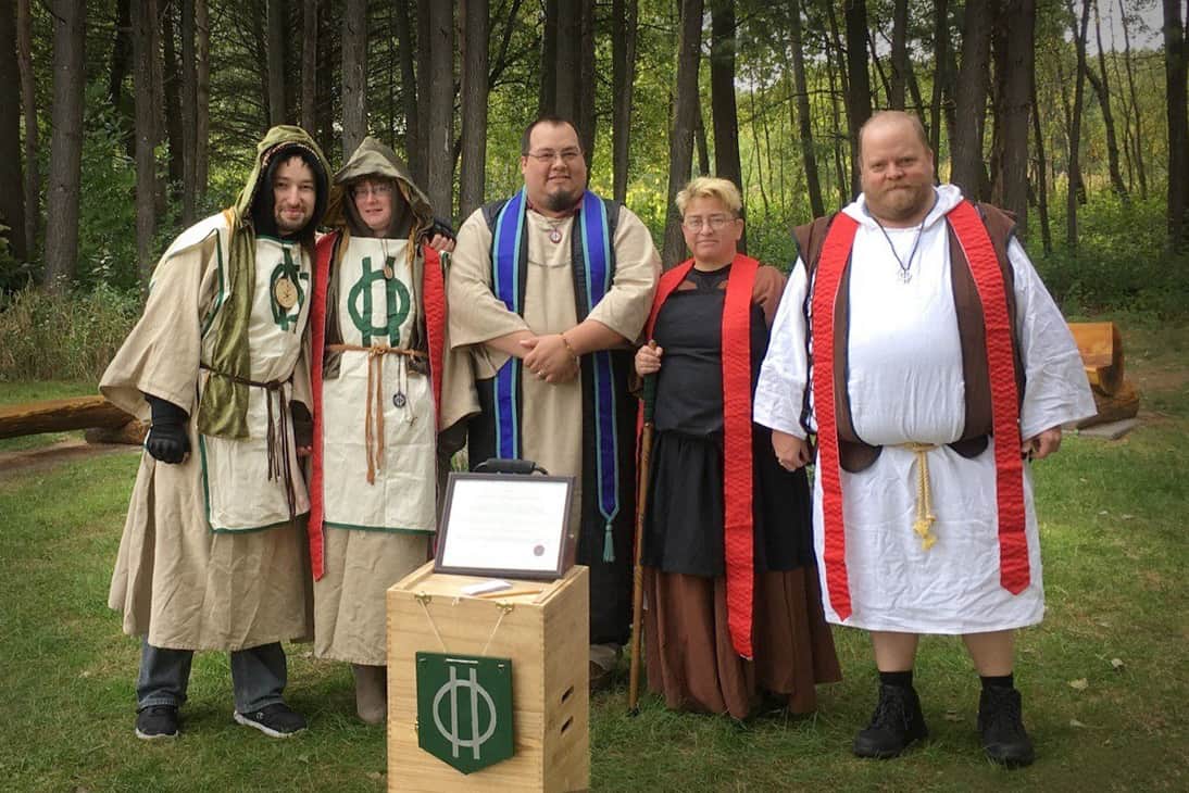 Members of the Reformed Druids of North America (from left: Cyril; coauthor Helen Ostman; Arch-druid John "The Verbose" Martens; Courtney; and Ross) mark the Autumn Equinox. (Photo: John "the Verbose" Martens)