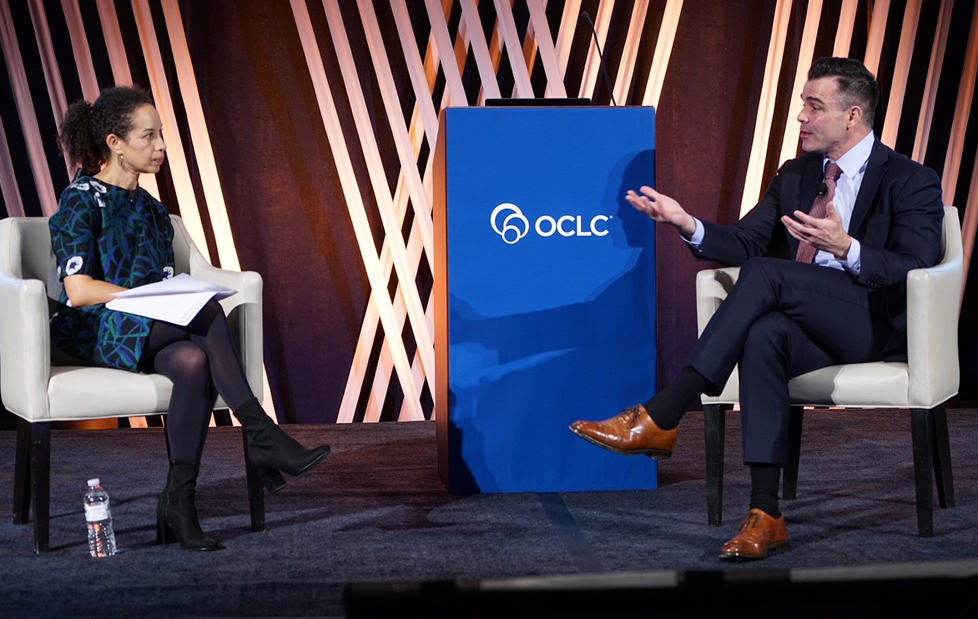 Louise Bernard, museum director of the Obama Presidential Center, speaks with Brian Bannon, commissioner and CEO of Chicago Public Library, at the 2018 OCLC Americas Regional Council Conference in Chicago.