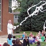 Dr. Dave demonstrates Bernoulli’s principle with a leaf blower and toilet paper at Ohio State University’s Whiz Bang Science Café at Worthington Libraries. Photo: Worthington (Ohio) Libraries