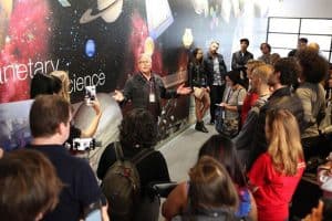 NASA socialites tour the Jet Propulsion Lab’s Microdevices Lab, covering the visit through their social media platforms. (Photo: NASA/JPL)