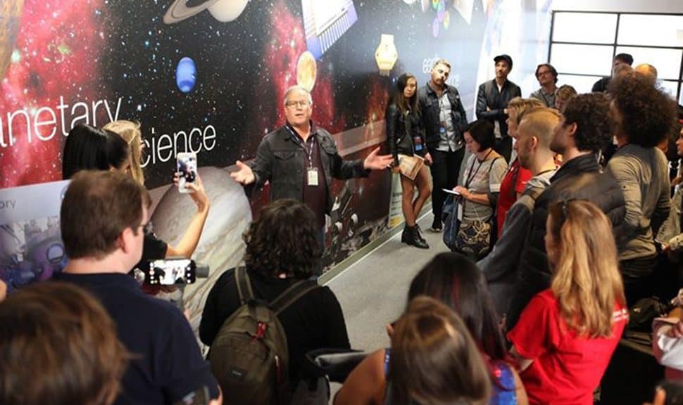NASA socialites tour the Jet Propulsion Lab’s Microdevices Lab, covering the visit through their social media platforms. (Photo: NASA/JPL)
