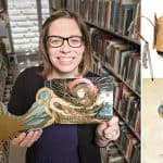 Left: Christina Bryant holds an invitation from the Mistick Krewe of Comus (1900); top left: a dance card issued by the Twelfth Night Revelers (1899); bottom left: a costume design from the Léda Hincks Plauché Collection. (Photos: Susan Poag (Bryant, butterfly); New Orleans Public Library (costumes))