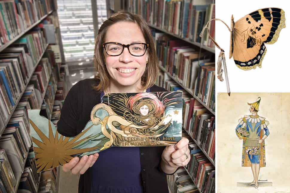 Left: Christina Bryant holds an invitation from the Mistick Krewe of Comus (1900); top left: a dance card issued by the Twelfth Night Revelers (1899); bottom left: a costume design from the Léda Hincks Plauché Collection. (Photos: Susan Poag (Bryant, butterfly); New Orleans Public Library (costumes))