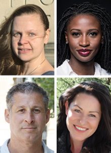 Clockwise from top left: Juliet Grames, Wayétu Moore, Annie Ward, Chris Pavone. <span class="credit">Photos: Katherine Grames (Grames); Yoni Levy (Moore); Sam McIntosh (Pavone)</span>