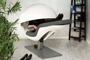 MetroNaps EnergyPod reclines and plays soothing sounds for 20-minute power naps.