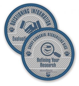 Microcredential badges for "questioning information" and "savvy searcher: recognizing bias"