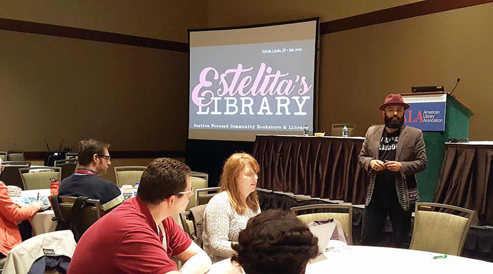 Estelita's Library founder Edwin Lindo speaks at the ALA Midwinter Meeting & Exhibits in Seattle.