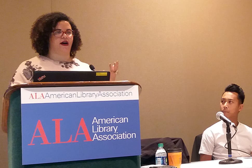 Sarah Studer and Arnold Phommavong at the "Libraries Transform: Social Innovation" program at the ALA 2019 Midwinter Meeting in Seattle.