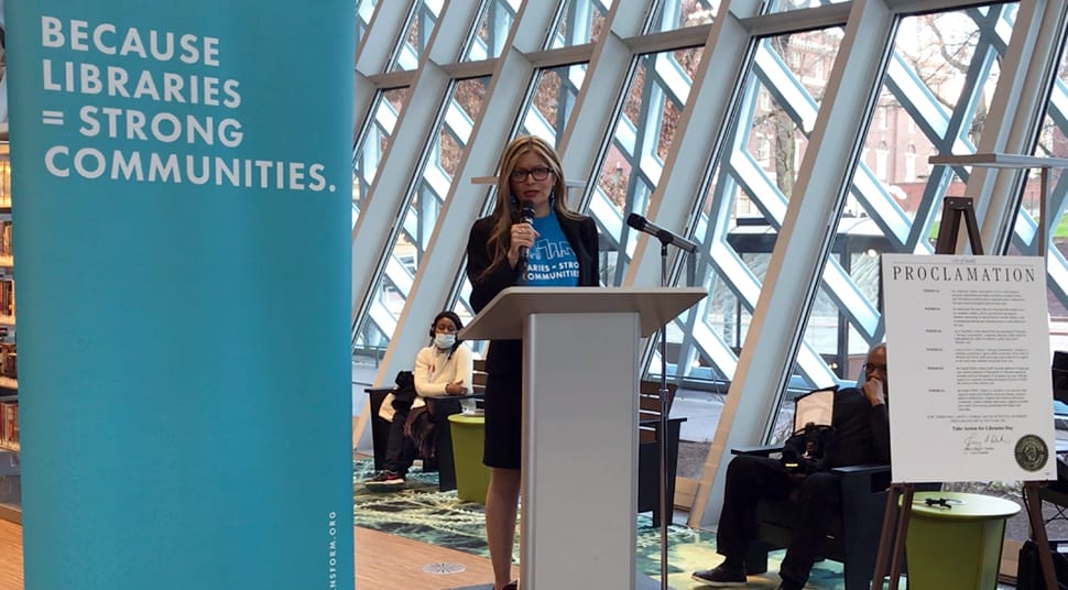 ALA President Loida Garcia-Febo at the Rally for Libraries, Seattle Public Library.