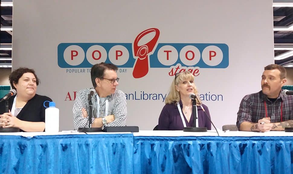 Podcast panel at the PopTop Stage, ALA 2019 Midwinter Meeting, Seattle. From left to right: Gwen Glazer, Joseph Janes, Adriane Herrick Juarez, Phil Morehart.