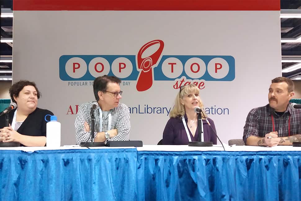 Podcast panel at the PopTop Stage, ALA 2019 Midwinter Meeting, Seattle. From left to right: Gwen Glazer, Joseph Janes, Adriane Herrick Juarez, Phil Morehart.