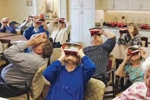 Residents of The Highlands at the Moorings of Arlington Heights assisted-living facility in Illinois enjoy a ­virtual tour of Monticello.