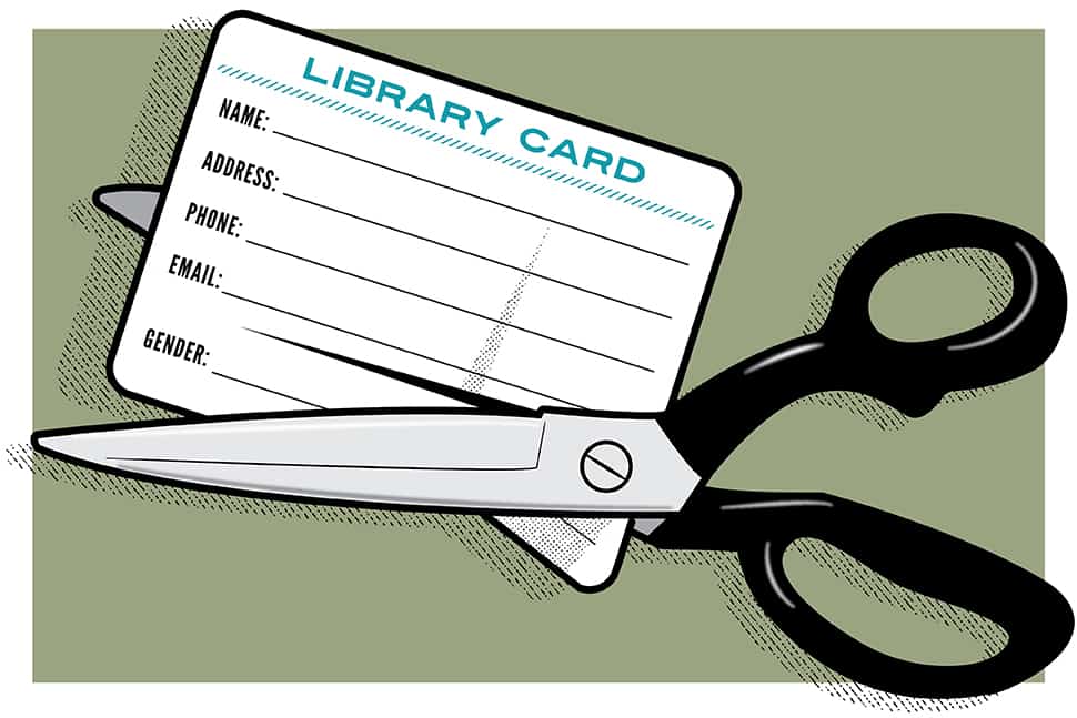 Scissors cutting "gender" off of a library card