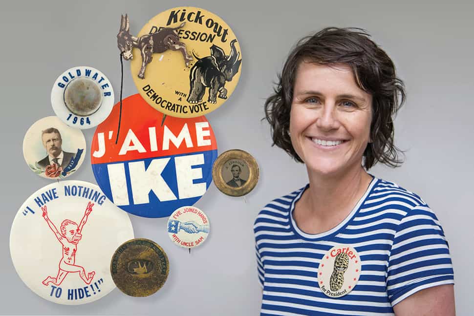 Christy Karpinski and a selection of political buttons from the Busy Beaver Button Museum in Chicago. Photos: Rebecca Lomax/American Libraries (Karpinski); Busy Beaver Button Company (buttons)