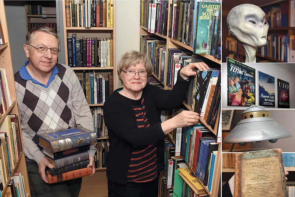Clockwise from left: AFU Director Anders Liljegren and librarian Ingrid Collberg; one of several alien models in the AFU archive; the AFU library walls, decorated with UFO book covers; UFO modeled after photos taken by US contactee George Adamski in the 1950s; The Supernatural Magazine, published in Dublin in 1809. (Photos: Clas Svahn)