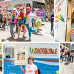 Counterclockwise from top right: Keith Lu, bookmobile driver and library tech, waves a rainbow flag from the SFPL bookmobile; collections management assistant Alan Wong (center) and collections librarian Erin Dubois (right) strike a pose while waiting for the parade to begin; adult services librarian and bookmobile librarian Connie Porciuncula wears a pink wig in front of the TechMobile; Annemarie Dompe, student at the Graduate School of Library and Information Science at the University of Illinois at Urbana–Champaign, holds a sign for Radclyffe Hall’s 1928 book The Well of Loneliness in front of the bookmobile; SFPL city librarian Luis Herrera rides a balloon-covered bike, and SFPL deputy city librarian Michael Lambert rides a skateboard ahead of SFPL’s marchers. (Photos: San Francisco Public Library)