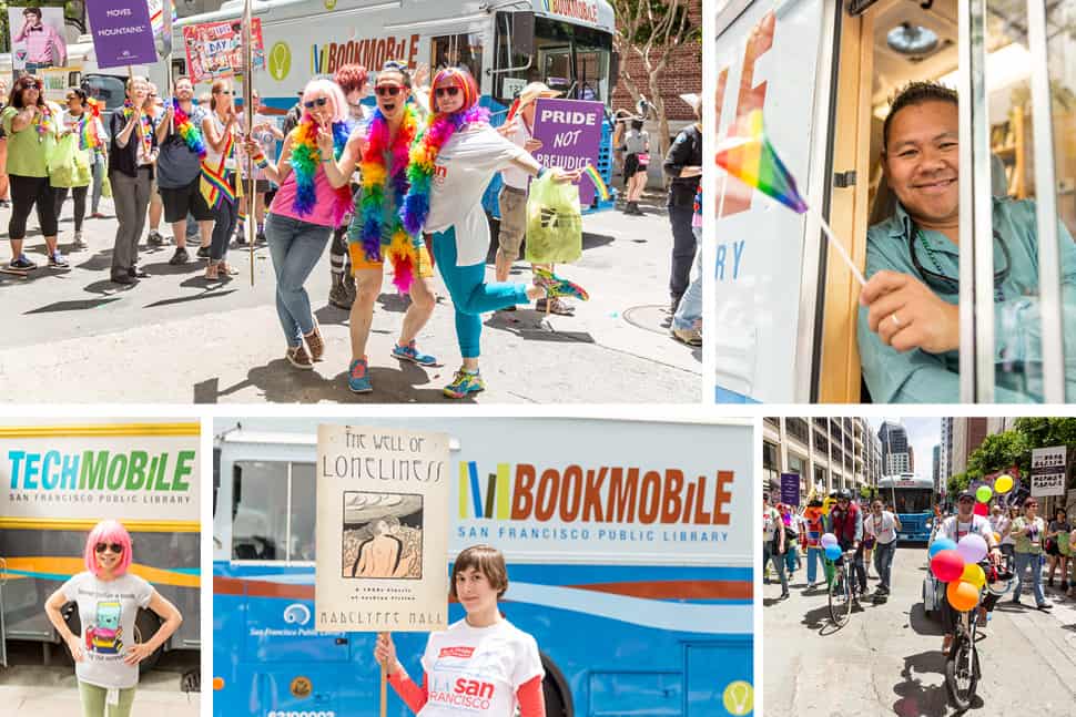 Counterclockwise from top right: Keith Lu, bookmobile driver and library tech, waves a rainbow flag from the SFPL bookmobile; collections management assistant Alan Wong (center) and collections librarian Erin Dubois (right) strike a pose while waiting for the parade to begin; adult services librarian and bookmobile librarian Connie Porciuncula wears a pink wig in front of the TechMobile; Annemarie Dompe, student at the Graduate School of Library and Information Science at the University of Illinois at Urbana–Champaign, holds a sign for Radclyffe Hall’s 1928 book The Well of Loneliness in front of the bookmobile; SFPL city librarian Luis Herrera rides a balloon-covered bike, and SFPL deputy city librarian Michael Lambert rides a skateboard ahead of SFPL’s marchers. (Photos: San Francisco Public Library)