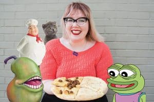Meme Librarian Amanda Brennan has a none-pizza-with-left-beef party with some of her favorite memes (from left): LOL Wut Pear, The Signs as Fat Chefs in My Mom’s Kitchen, Little Grey Cat, and Pepe the Frog. Photo: Todd Boebel; Illustrations: Ursula Vernon (pear); Shutterstock (chef, cat); Matt Furie (frog)