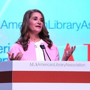 Melinda Gates at the Opening Session of the 2019 ALA Midwinter Meeting. <span class="credit">Photo: Cognotes</span>