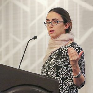 Keynote speaker Jeanne Theoharis at the 20th annual Martin Luther King Jr. Holiday Observance and Sunrise Celebration at the 2019 ALA Midwinter Meeting. <span class="credit">Photo: Cognotes</span>