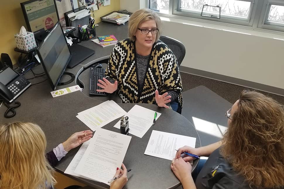 North Liberty (Iowa) Community Library Public Services Librarian Heidi Hartke (left) and Assistant Director Jennifer Jordebrek (center) record a podcast episode with Crystal Hall, director of programs at YPN (Young Parents Network).Photo: Melanie Harrison/North Liberty (Iowa) Community Library