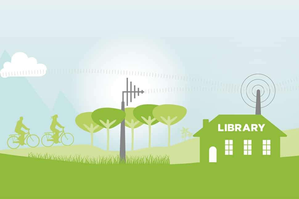 Illustration of library in field receiving signals from towers (Illustration: © Auguste Lange/Adobe Stock)