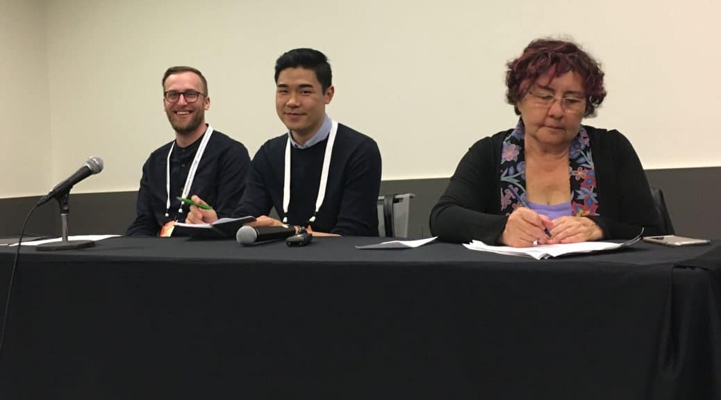 From left: Cody Fullerton, Desmond Wong, and Deborah Lee share their research on library support for indigenous scholarship.