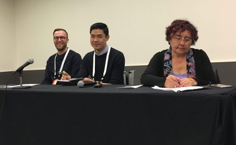 From left: Cody Fullerton, Desmond Wong, and Deborah Lee share their research on library support for indigenous scholarship.