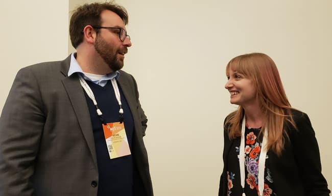 Kevin Seeber (left), head of the department of education and outreach services, and Rachel Stott, teaching and learning librarian, at University of Colorado Denver’s Auraria Library