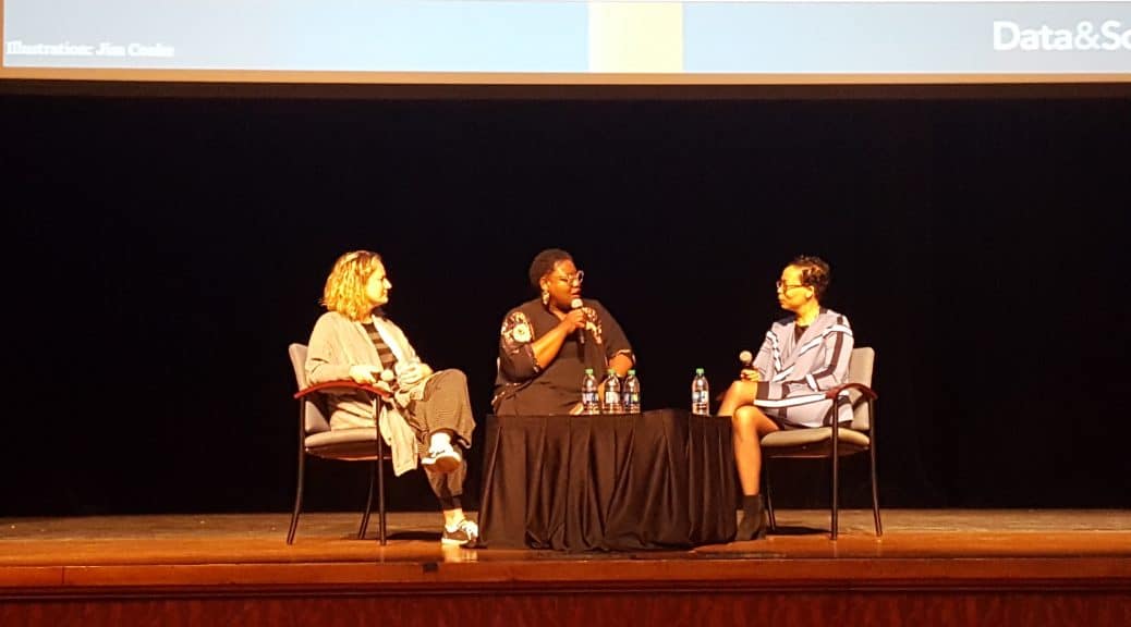 Tracie D. Hall (center), director of the culture program at the Joyce Foundation, moderates a discussion between danah boyd (left) and Elaine Westbrooks. Photo: Carrie Smith/American Libraries