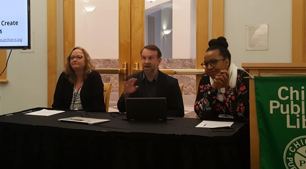 From left: Melinda Shelton, Jefferson Bailey, and Makiba Foster discuss the Community Webs archiving program at DPLAfest 2019 in Chicago. Photo: Carrie Smith/American Libraries