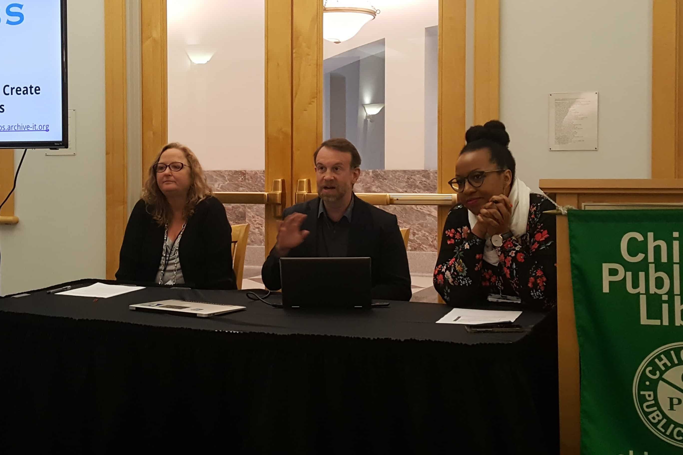 From left: Melinda Shelton, Jefferson Bailey, and Makiba Foster discuss the Community Webs archiving program at DPLAfest 2019 in Chicago. Photo: Carrie Smith/American Libraries