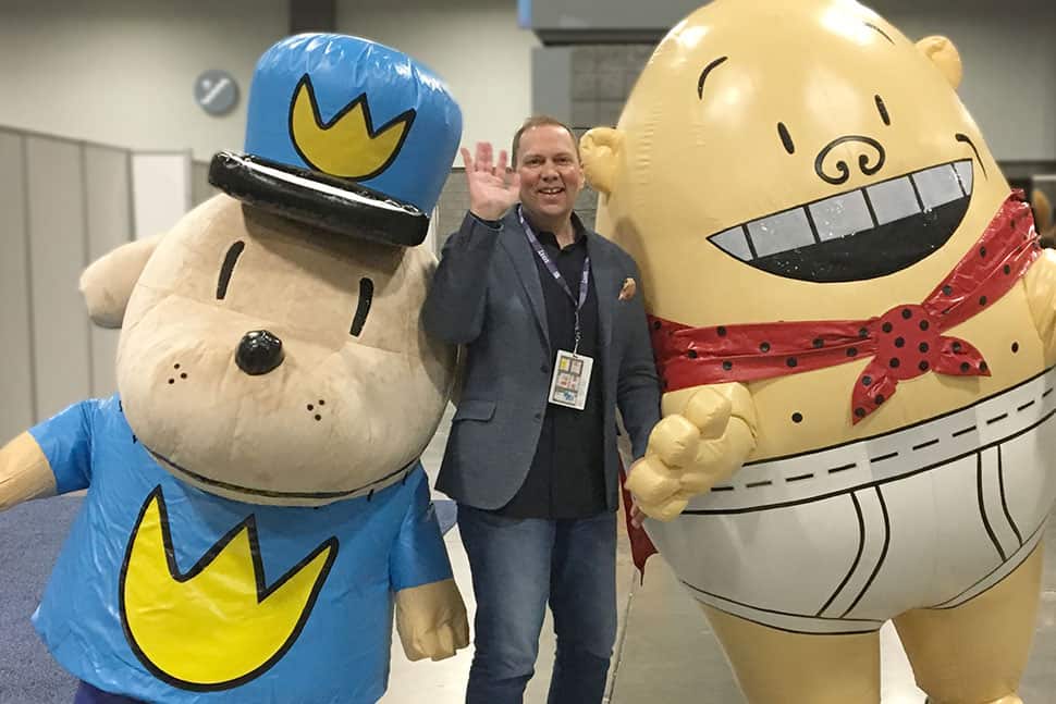Dav Pilkey (center) with his Dog Man and Captain Underpants characters