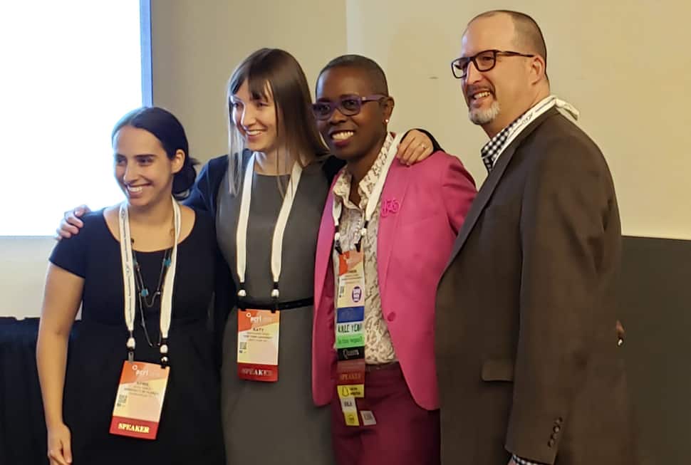 From left: April Hines, Katherine Boss, Chimene E. Tucker, and Jeffrey A. Knapp discuss information literacy and journalism at the Association of College and Research Libraries Conference in Cleveland on April 12.